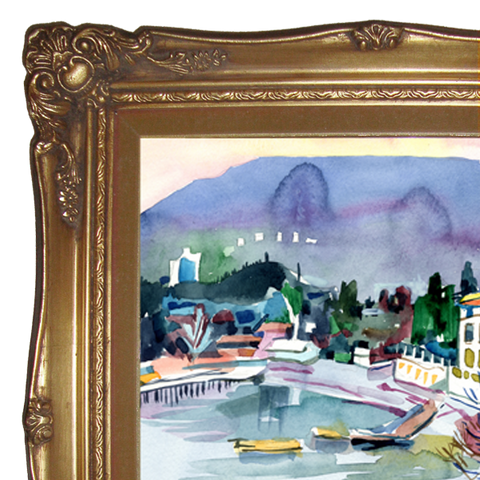 Watercolor painting of a bay is in the district of Gurzuf